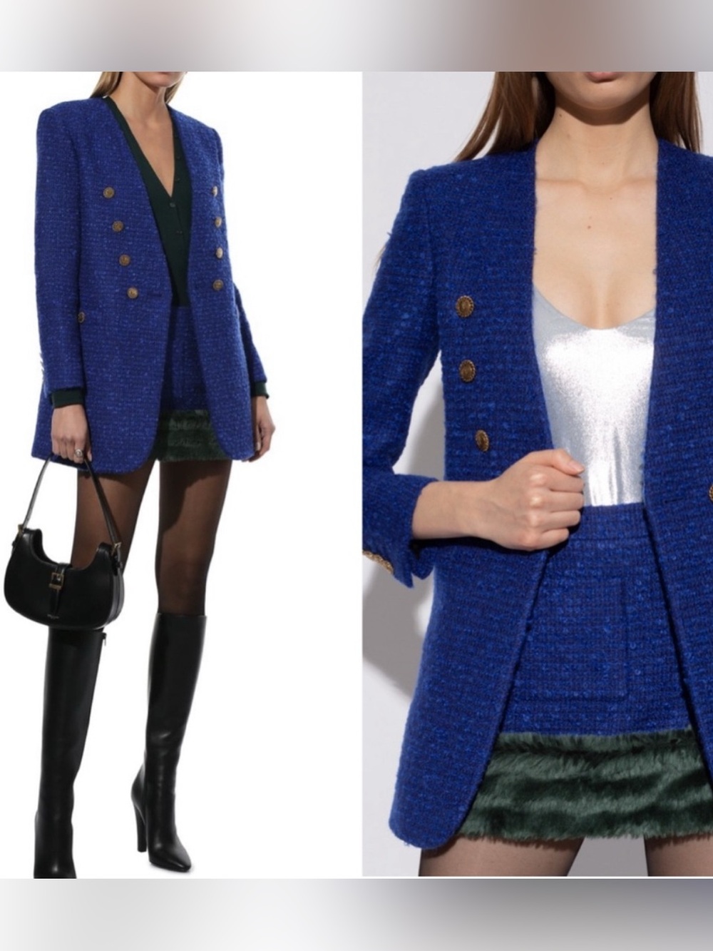 RARE Saint Laurent long collarless tweed blazer jacket shimmering blue NWT